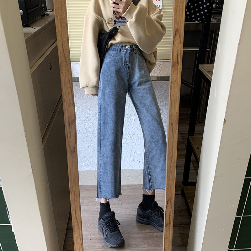 Real shooting jeans women's Korean version high waist slim 100 tower loose straight pants fashion 9-point pants jeans
