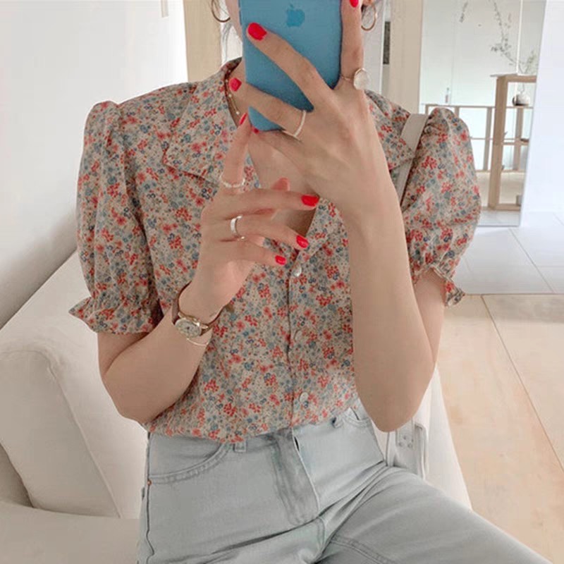 Korean chic summer Vintage Lapel small fresh floral top bubble sleeve loose and versatile short sleeve lining
