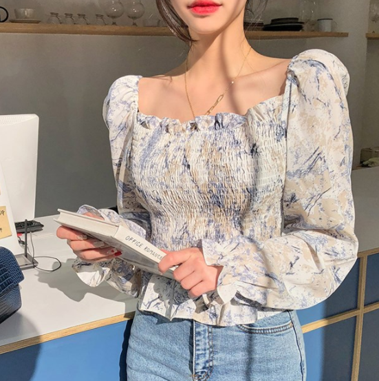 Foreign style small sexy sweet one line collar pleated floral shirt design sense of minority floral long sleeves