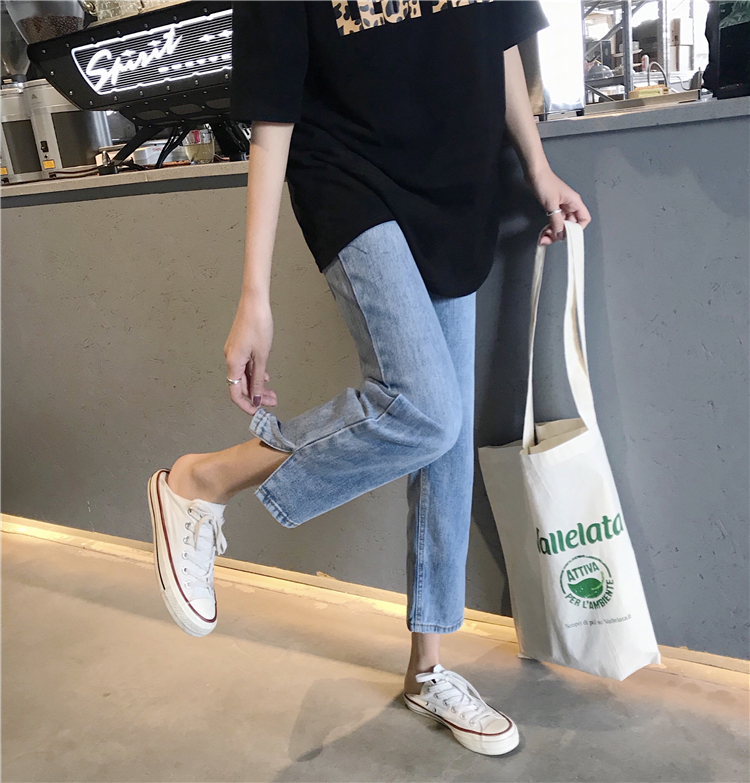 Real shooting Korean loose high waist washed jeans 2022 new straight pants split jeans 9-point pants