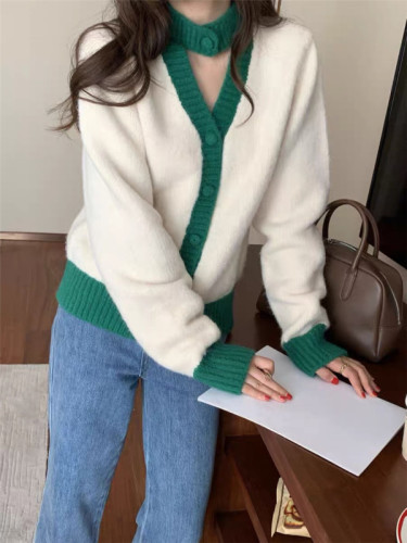 Red retro 2021 autumn and winter new women's wear V-neck hollowed out contrast color sweater women's sweater hanging neck cardigan jacket