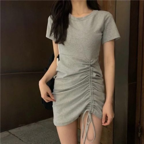 2021 new short sleeve temperament girlfriends dress women's summer sexy suspender drawstring slim Hip Wrap Skirt