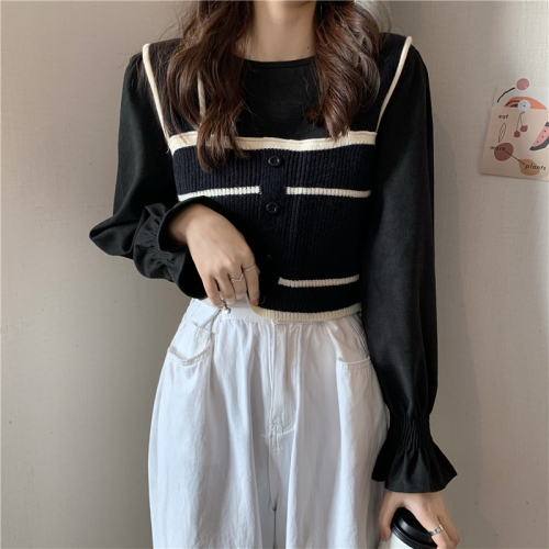 Real shot real price Korean version new loose stripe knitted vest bubble sleeve casual top two-piece set