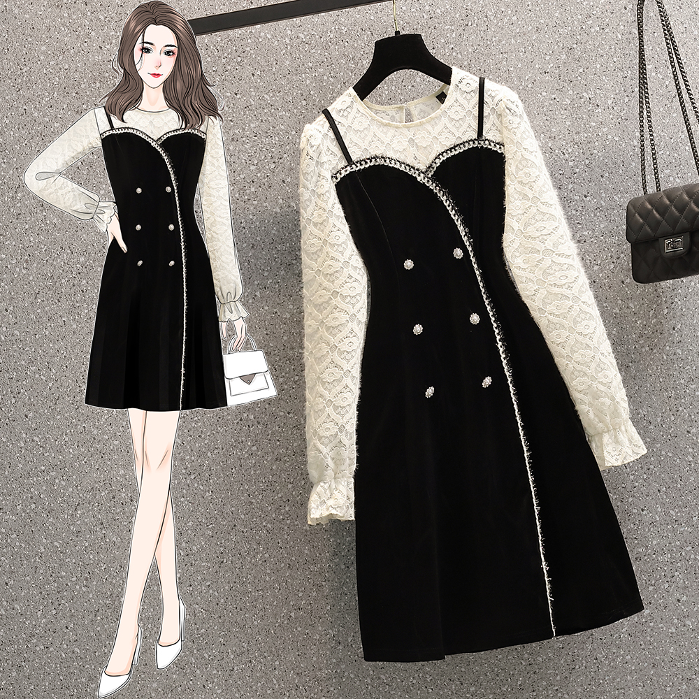 Real shot 2022 spring new fat mm fashion versatile slim lace stitching foreign style long sleeve dress