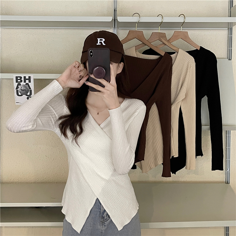Real shooting gas sweater bottomed sweater women's fit V-Neck long sleeve versatile top
