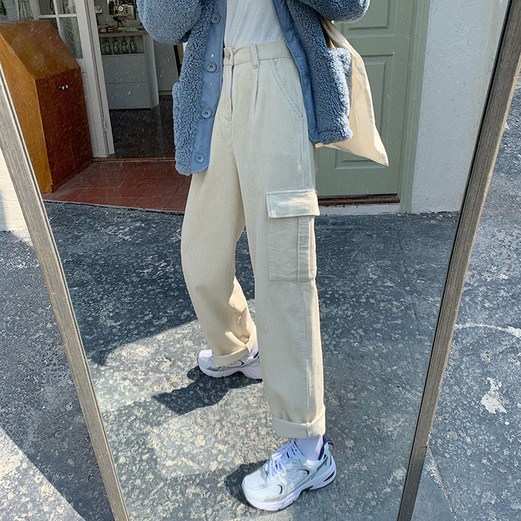 Real price 2022 versatile high waist slim corduroy pants straight tube loose casual overalls pants