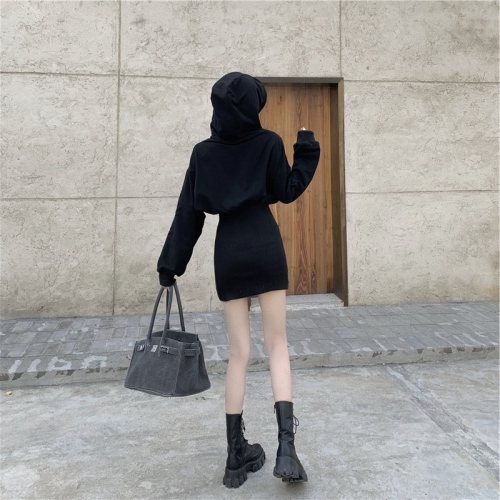 Winter Hooded Dress, waist closed, hip wrapped, fashion trend, plush and thickened dress for women