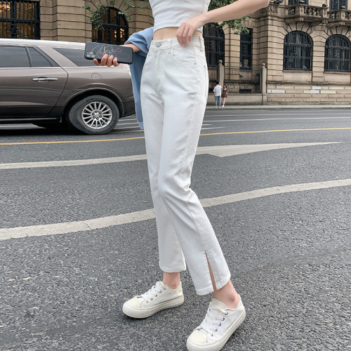 Real time split high waist elastic jeans women's spring 2022 new loose straight pipe pants