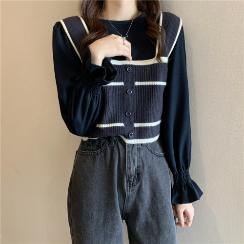 Real shot real price Korean version new loose stripe knitted vest bubble sleeve casual top two-piece set