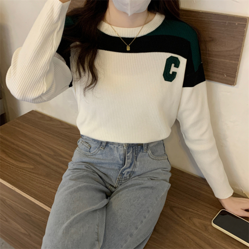 Real shooting and real price early spring new Korean style color contrast loose Pullover women's sweater