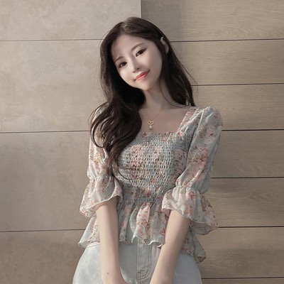 Summer waist is slim short sleeve shirt design sense of minority Ruffle broken Flower Chiffon short blouse women