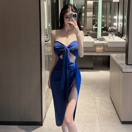 Real shot blue Strapless sexy temperament medium dress dress slim cut neck dress women's dress