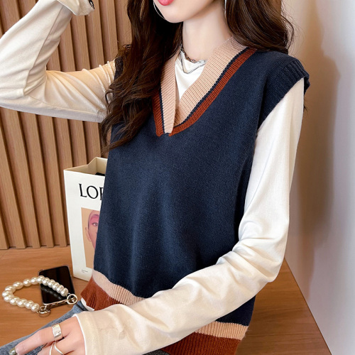 Early autumn vest women's top stripe V-neck design sense of minority sweater women's Vest