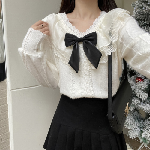 Actual shooting of 2022 new Korean version of French court sweet doll collar bow tie detachable shirt lace blouse female