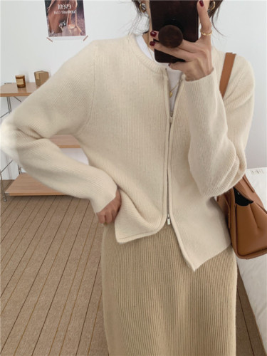 Real price Korean simple and versatile solid color soft waxy zipper long sleeve cardigan 3 colors