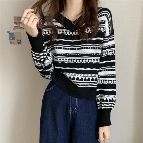 Real shot real price autumn Korean Vintage jacquard collar loose and versatile lazy knitted sweater women