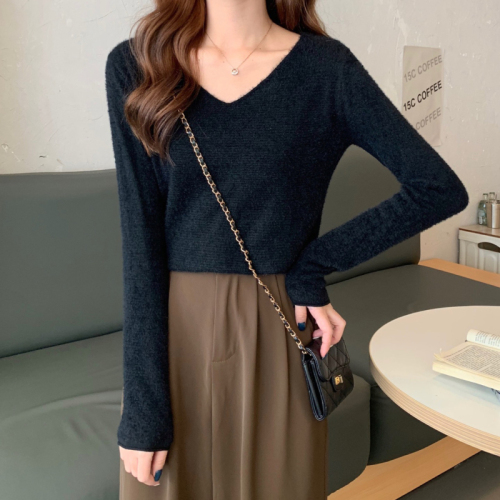 Real shooting and real price new versatile V-neck soft waxy comfortable Plush long sleeve knitted bottomed Shirt Top