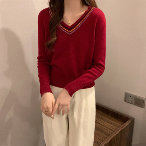 Real price autumn and winter new Korean retro V-neck college style short long sleeve sweater women's top