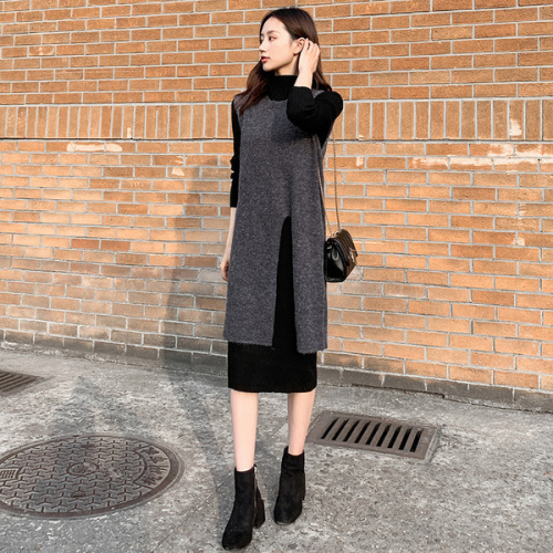 Autumn and winter new Korean version slim two-piece Pullover Plush thickened split vest skirt length vest dress