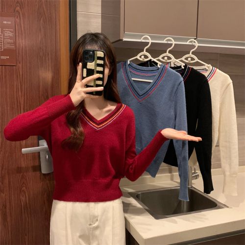 Real price autumn and winter new Korean retro V-neck college style short long sleeve sweater women's top