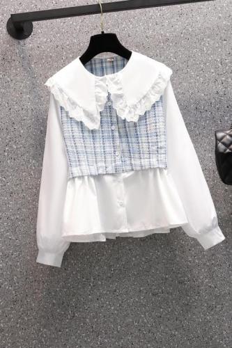 Actual shooting of 2022 spring new large women's fashion aging thin doll collar waist closing top fake two shirts