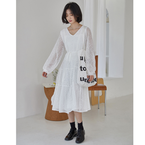 Real shot spring new white foreign style long knee length dress women's bottoming with super fairy skirt