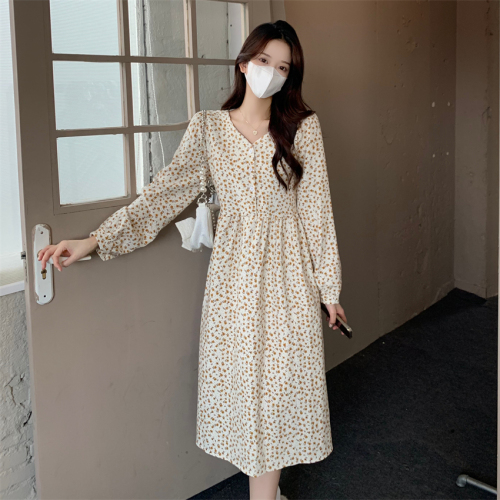 Real shooting Korean version of small broken flowers thickened loose dress children's middle length 2021 autumn and winter new dress