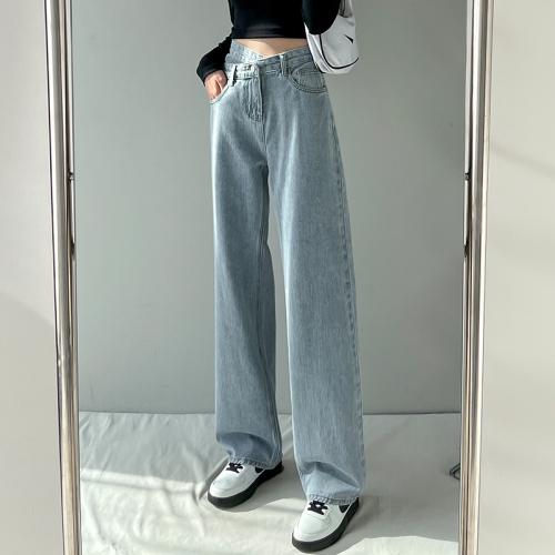 Real shooting high waist straight tube cowboy women's new loose wide leg design ground pants in spring 2022