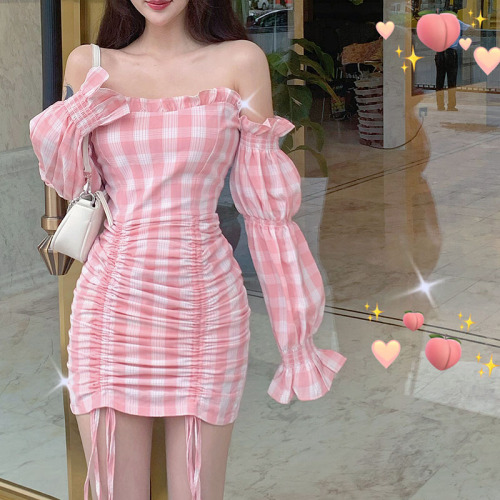 Real Price vintage classic Pink Plaid fungus edge bubble sleeve pleated off shoulder dress