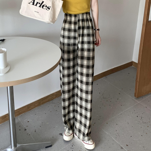 Real shooting loose straight pants children's spring and autumn 2021 new checked pants hanging feeling high waist floor dragging wide leg pants casual pants
