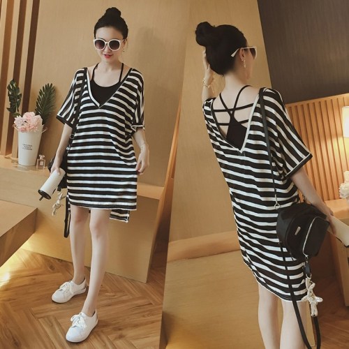 Summer new women's Korean version loose medium length T-shirt skirt casual suspender skirt + striped dress two-piece set