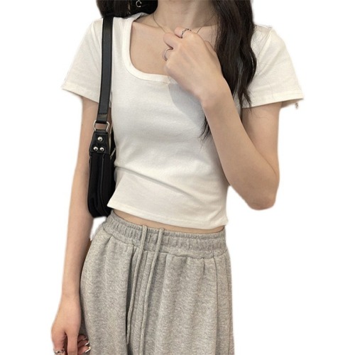 Short sleeve T-shirt women's new Korean ins trendy square collar exposed collarbone short slim high waist exposed navel top