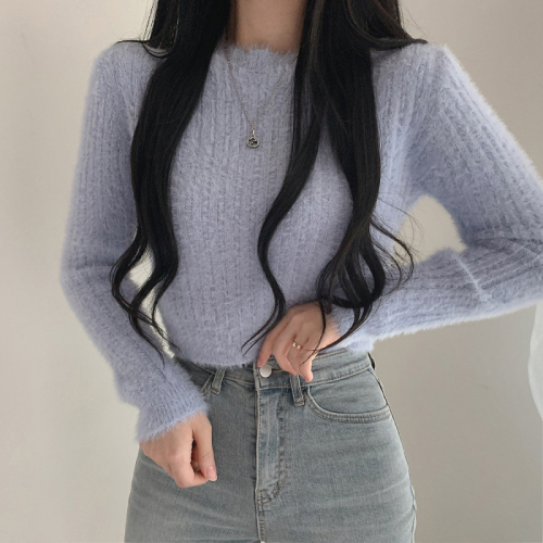Real price imitation mink sweater super soft waxy foreign style versatile solid color round neck Pullover backed long sleeved sweater