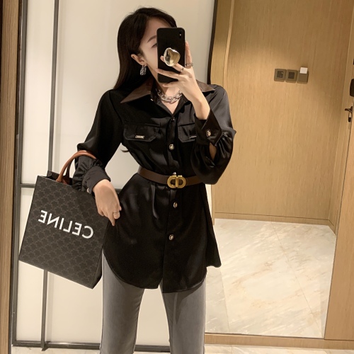 Real shooting of spring new fashion European goods loose and versatile color matching Lapel with belt and waist closing shirt