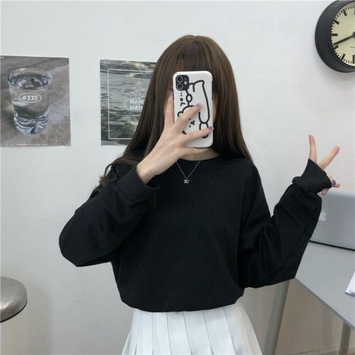 2022 spring new Korean loose short careful machine hollowed out backless bandage thin long sleeve sweater women's top