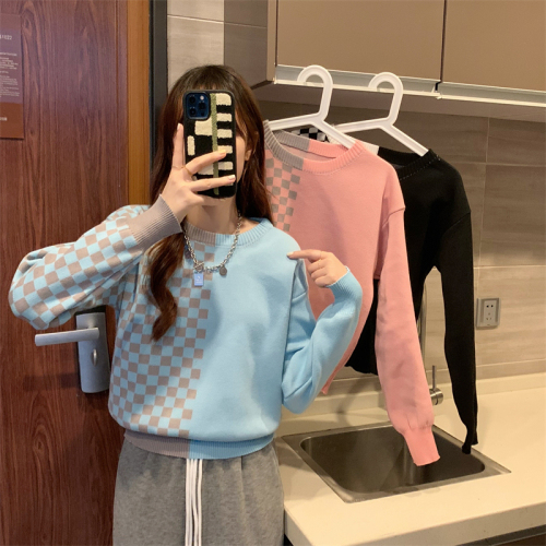 Real shooting and real price new Korean version design feeling lazy wind loose contrast checked round neck T-shirt women's top
