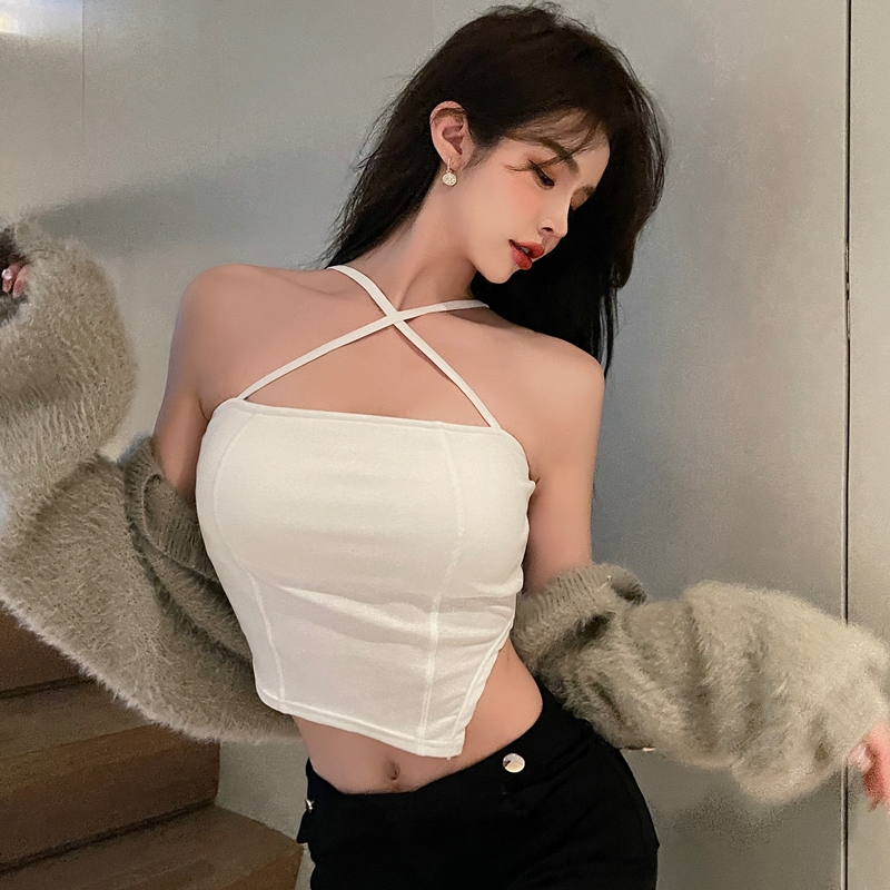 Real price ~ sweet cool Spice Girl Style sling 2022 beautiful back short black split sexy bottom wrap chest