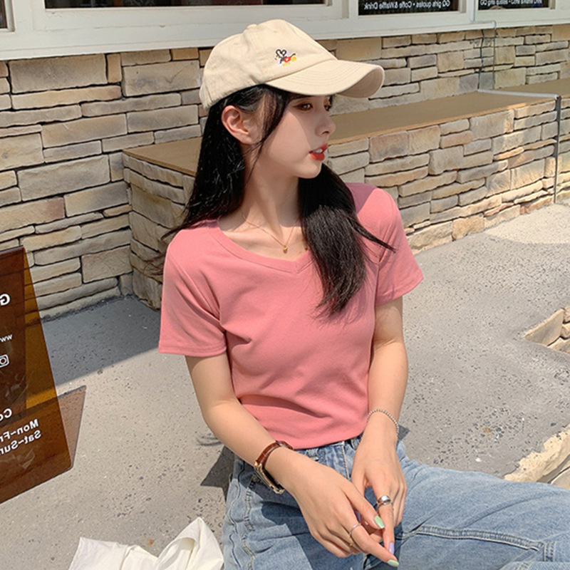 V-neck black short sleeve T-shirt women's 2021 new summer Korean loose and versatile student top