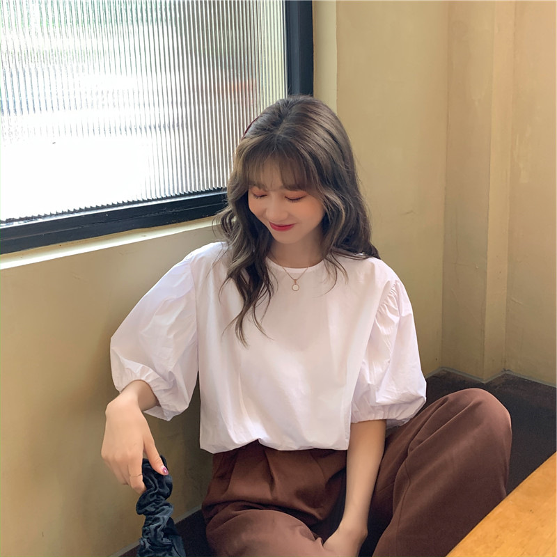 White round neck bubble sleeve short sleeve T-shirt women's summer 2021 new Korean loose and versatile top fashion