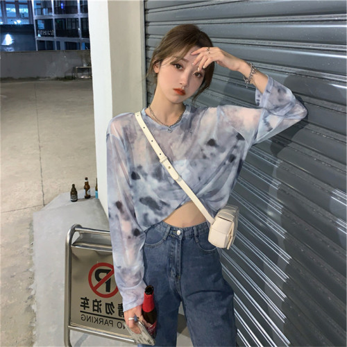 Ice silk long sleeve T-shirt women's loose fashion design in summer thin sunscreen blouse mesh outer top