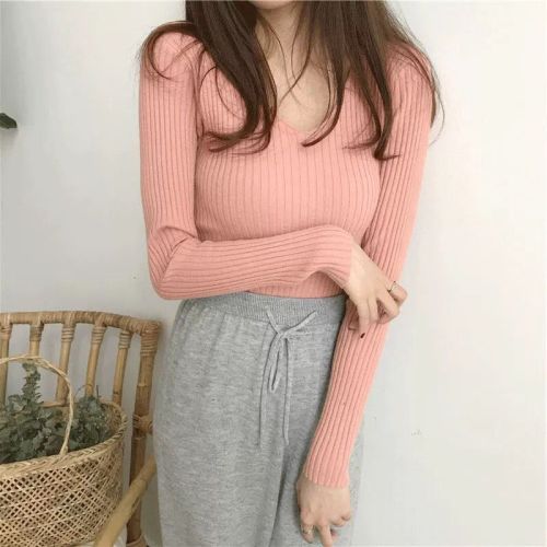  autumn and winter inside with tight top, early autumn outside with long sleeve knitted bottomed shirt, women's slim V-neck thin sweater
