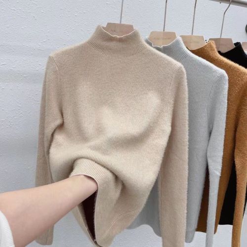 Mink sweater women's autumn and winter 2021 new inner layer Plush thickened half high collar bottomed sweater sweater