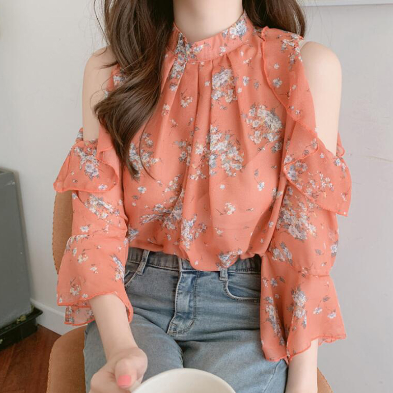 Fashion off shoulder lady printed trumpet Long Sleeve Chiffon shirt