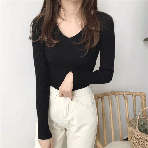 2021 autumn and winter inside with tight top, early autumn outside with long sleeve knitted bottomed shirt, women's slim V-neck thin sweater