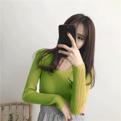  autumn and winter inside with tight top, early autumn outside with long sleeve knitted bottomed shirt, women's slim V-neck thin sweater