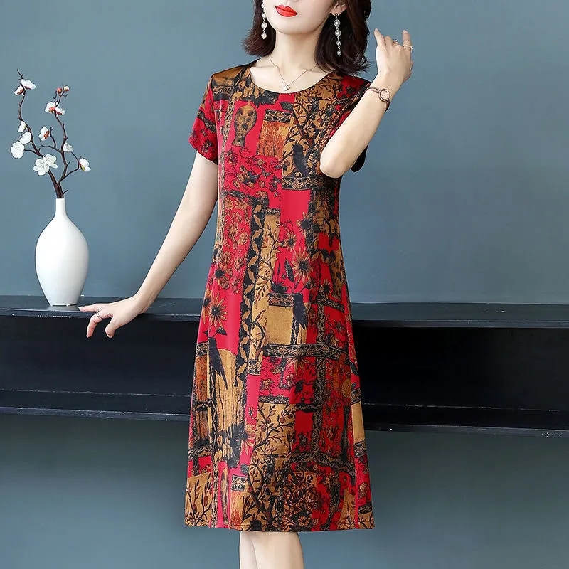 One / two pack ice silk Vintage Print Dress Medium Length summer new ice silk fashion mom dress