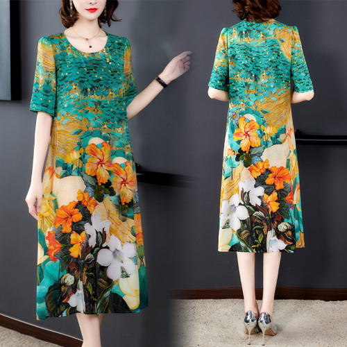 2022 new summer ice silk dress for middle-aged and elderly mothers your wife's heavy short sleeve women's fashion