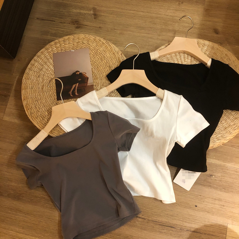Short sleeve T-shirt women's new Korean ins trendy square collar exposed collarbone short slim high waist exposed navel top