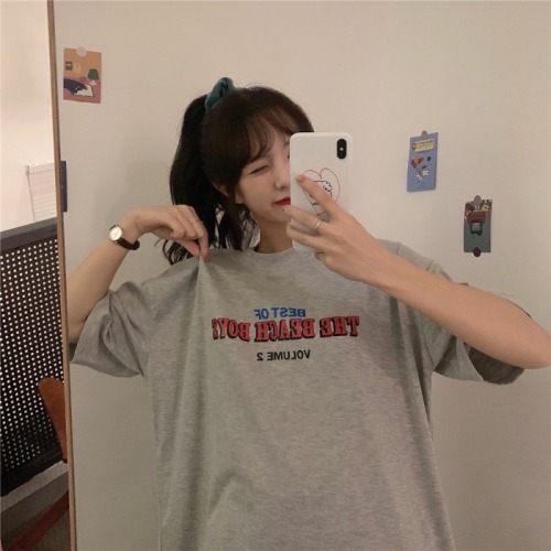 Real shooting 2022 new summer clothes college style simple medium and long five point sleeve printed letters short sleeve T-shirt women
