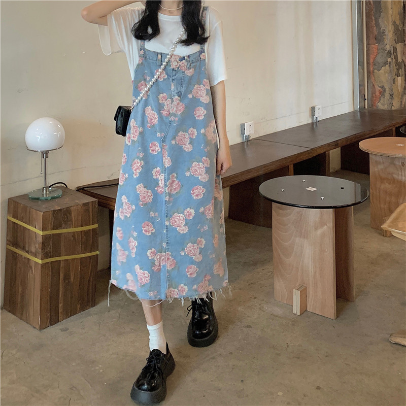 Printed denim suspender skirt spring and summer new port style fashion raw edge versatile loose suspender skirt